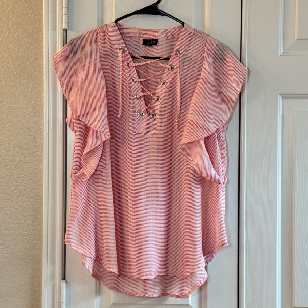 Pink Stripe‎ Flowy A.N.A Women's Size Medium Blouse Ruffle Slevees 3/4 Tie VNeck